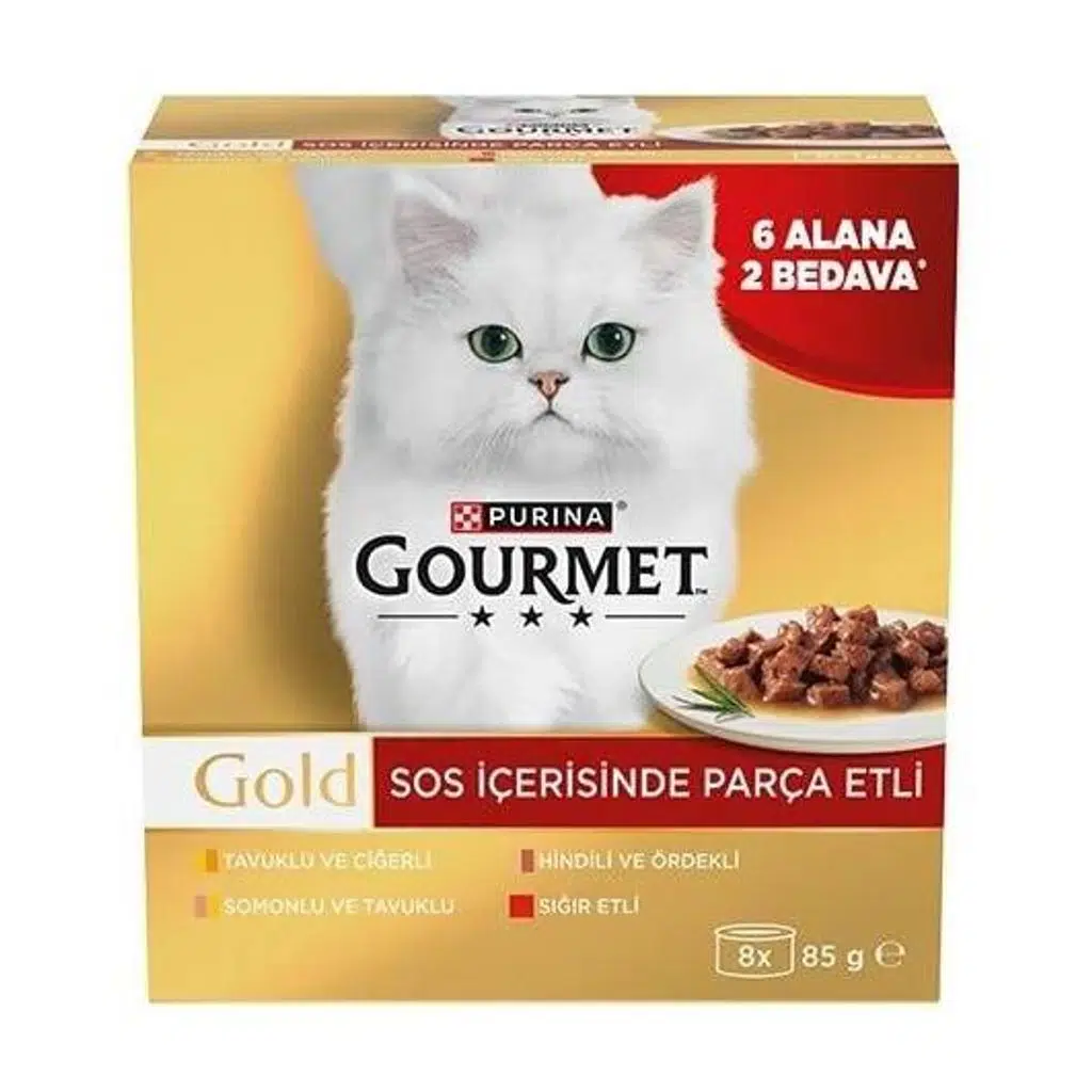 Gourmet Gold Soslu Parça Etli Karışık Çeşitli Yetişkin Kedi Konservesi 8x85gr (8 AL 6 ÖDE)