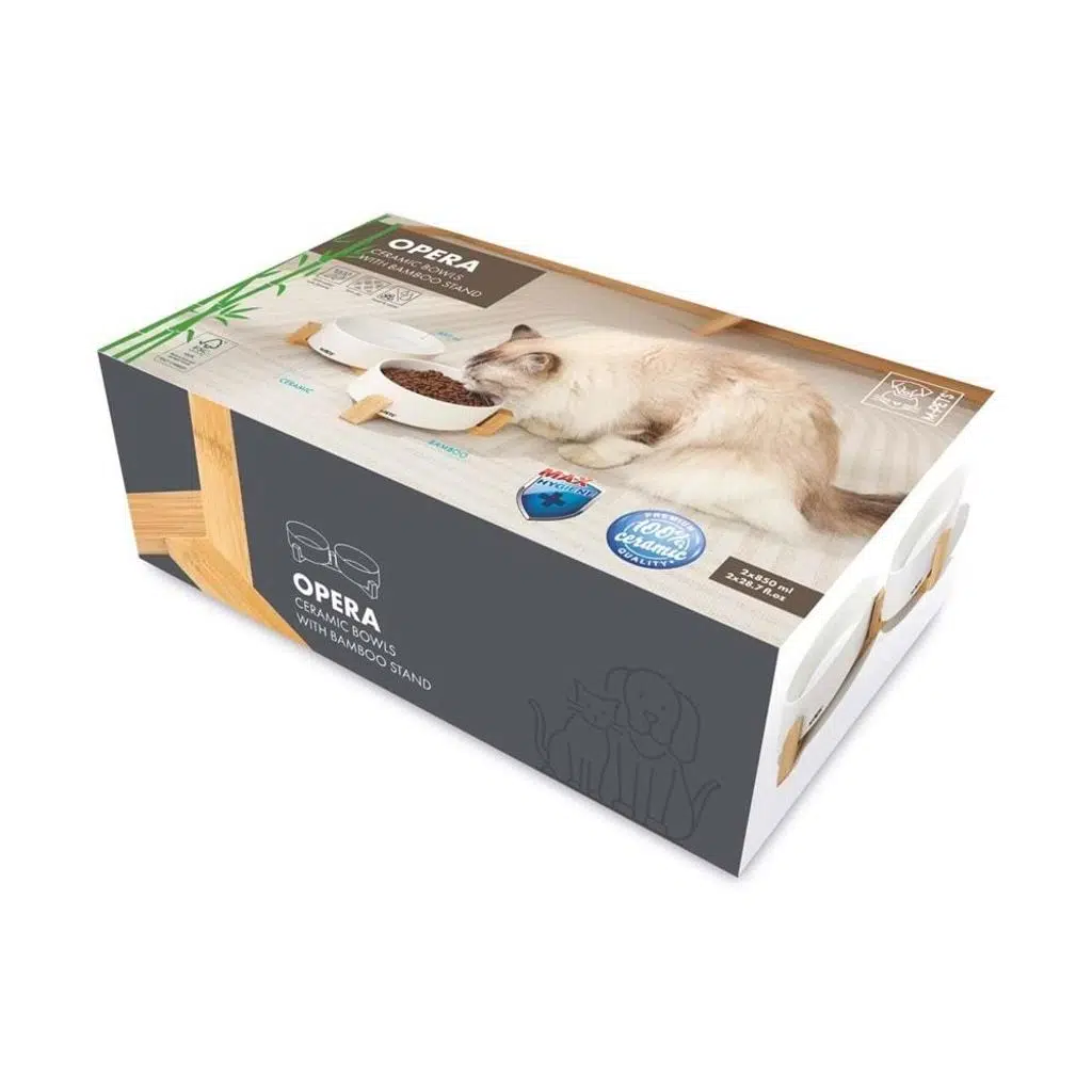 M-PETS OPERA SERAMİK MAMA KABI BAMBOO STANDLI 2X850ML WHİTE