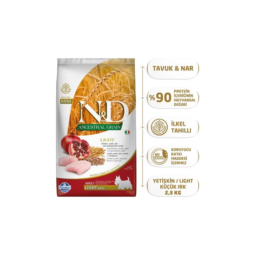 N&D Ancestral Grain Light Tavuklu ve Narlı Ata Tahıllı Küçük Irk Yetişkin Köpek Maması 2,5kg