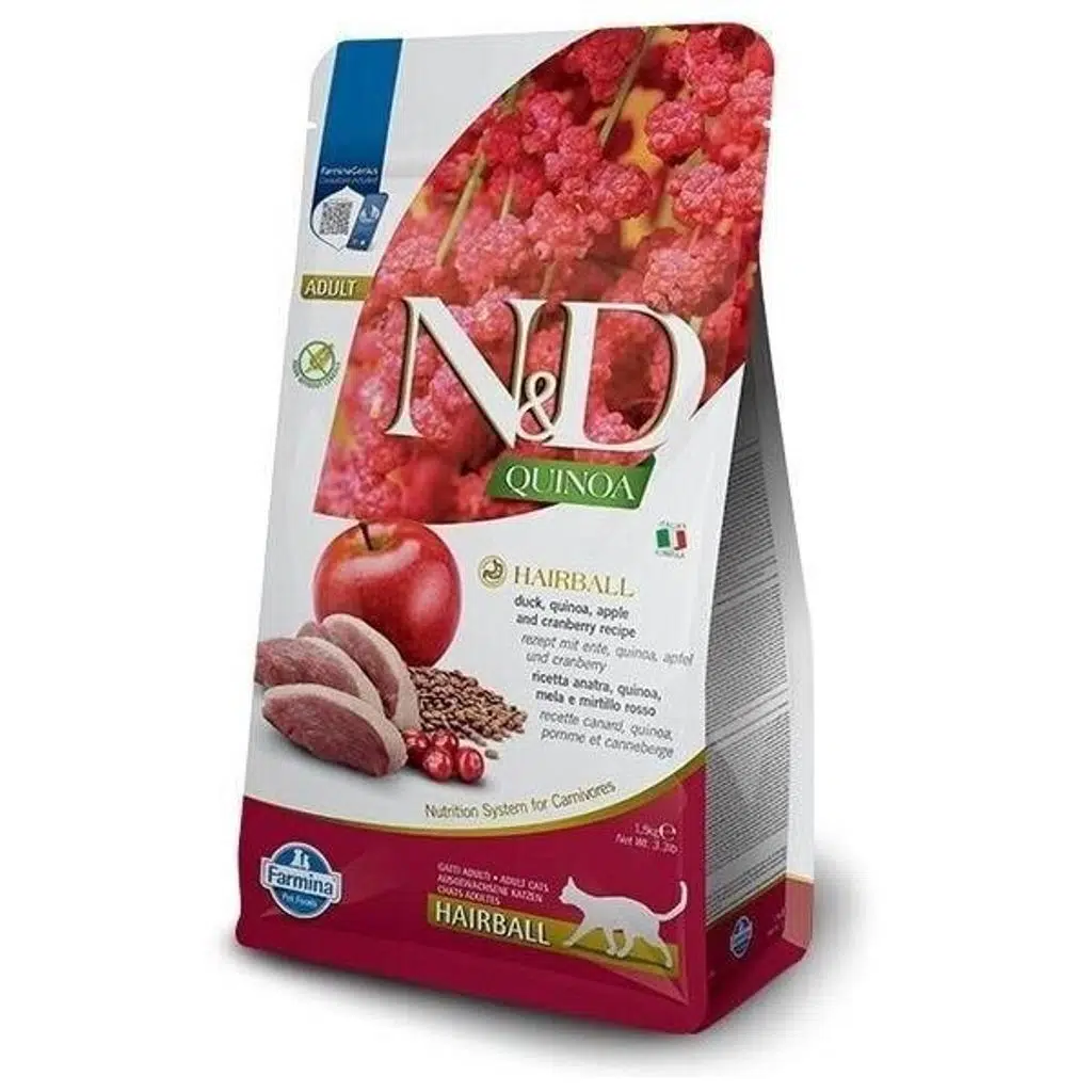 N&D Quinoa Hairball Ördek Etli ve Elmalı Yetişkin Kedi Maması 1,5kg