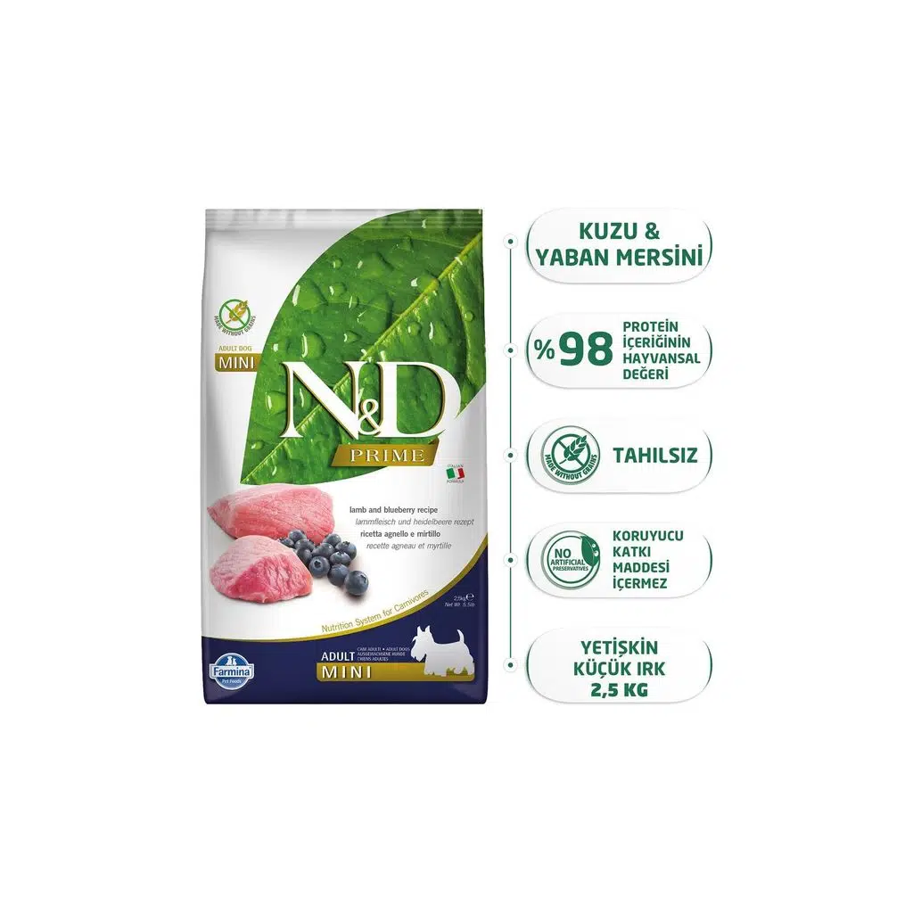 ND Dog Prime Adult Mini Kuzulu&Yaban Mersinli Köpek Maması 2,5 Kg