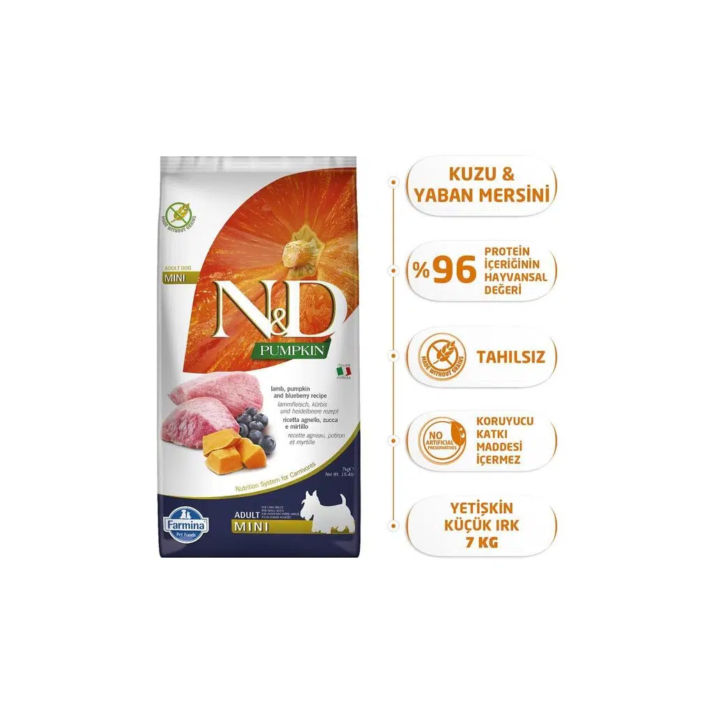 N&D Pumpkin Balkabaklı Kuzu Etli Tahılsız Küçük Irk Yetişkin Köpek Maması 7 Kg