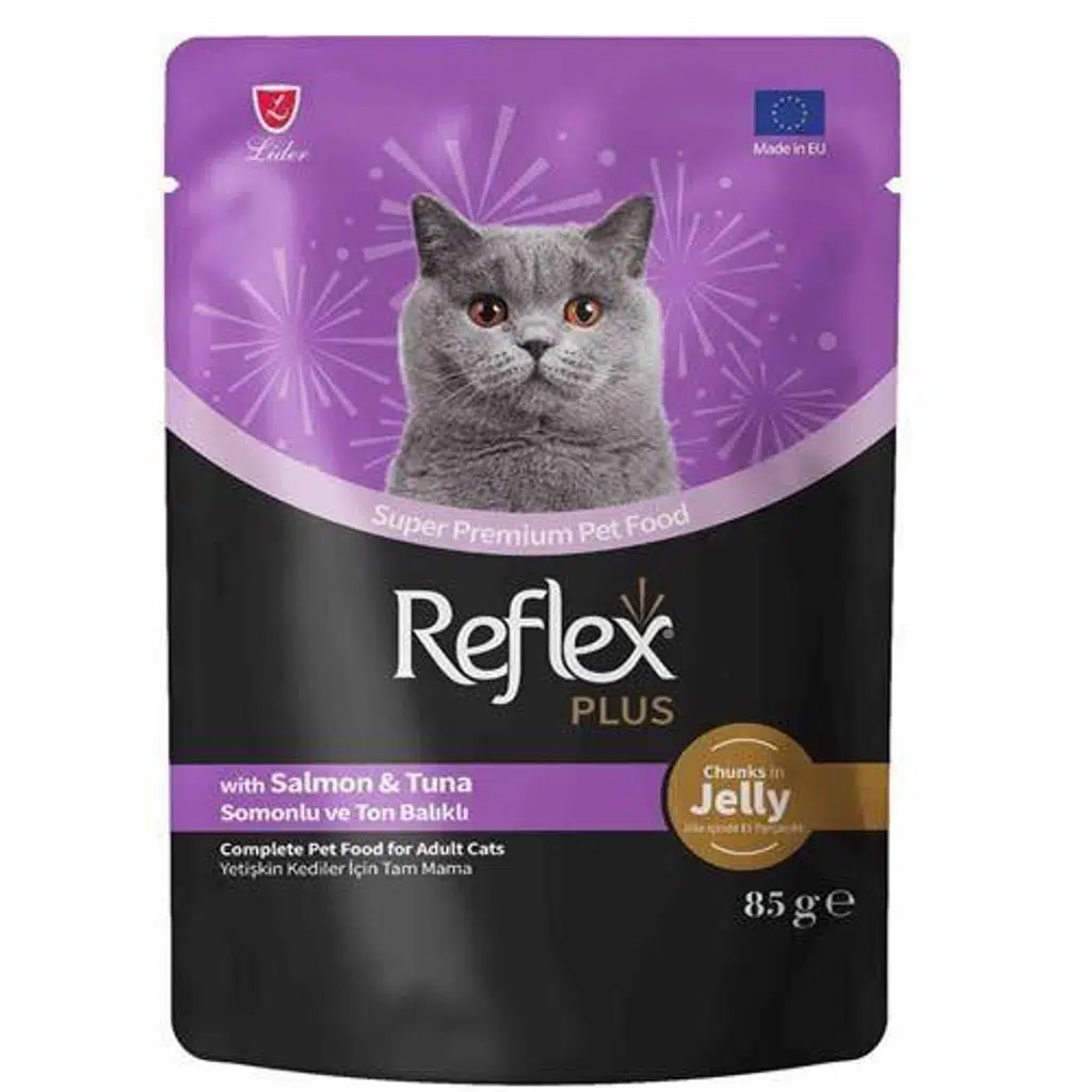 Reflex Plus Jöle İçinde Et Parçacıklı Somonlu ve Ton Balıklı Yetişkin Kedi Konservesi 85gr