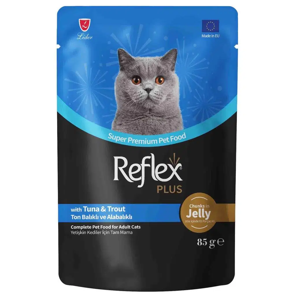 Reflex Plus Jöle İçinde Et Parçacıklı Ton Balıklı ve Alabalıklı Yetişkin Kedi Konservesi 85g