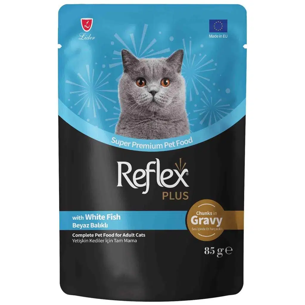 Reflex Plus Sos İçinde Et Parçacıklı Beyaz Balıklı Yetişkin Kedi Konservesi 85gr