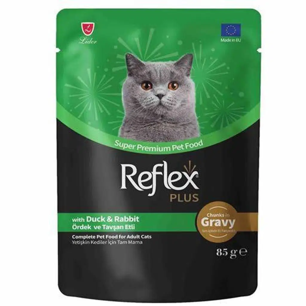 Reflex Plus Sos İçinde Et Parçacıklı Ördekli ve Tavşanlı Yetişkin Kedi Konservesi 85gr