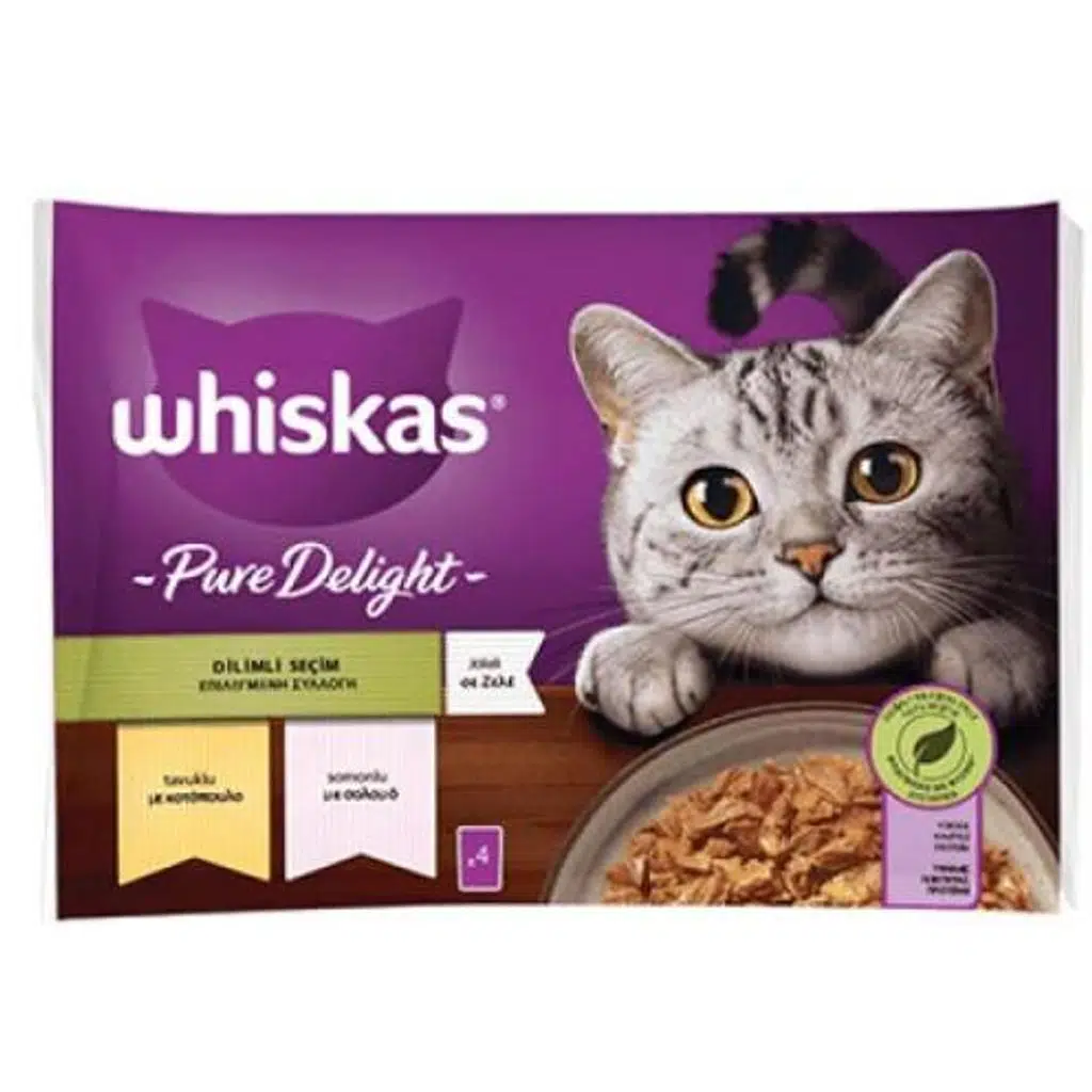 Whiskas Pouch Pure Delight Jöle İçinde Tavuklu/Somonlu Kedi Konservesi 85gr ( 4´lü )