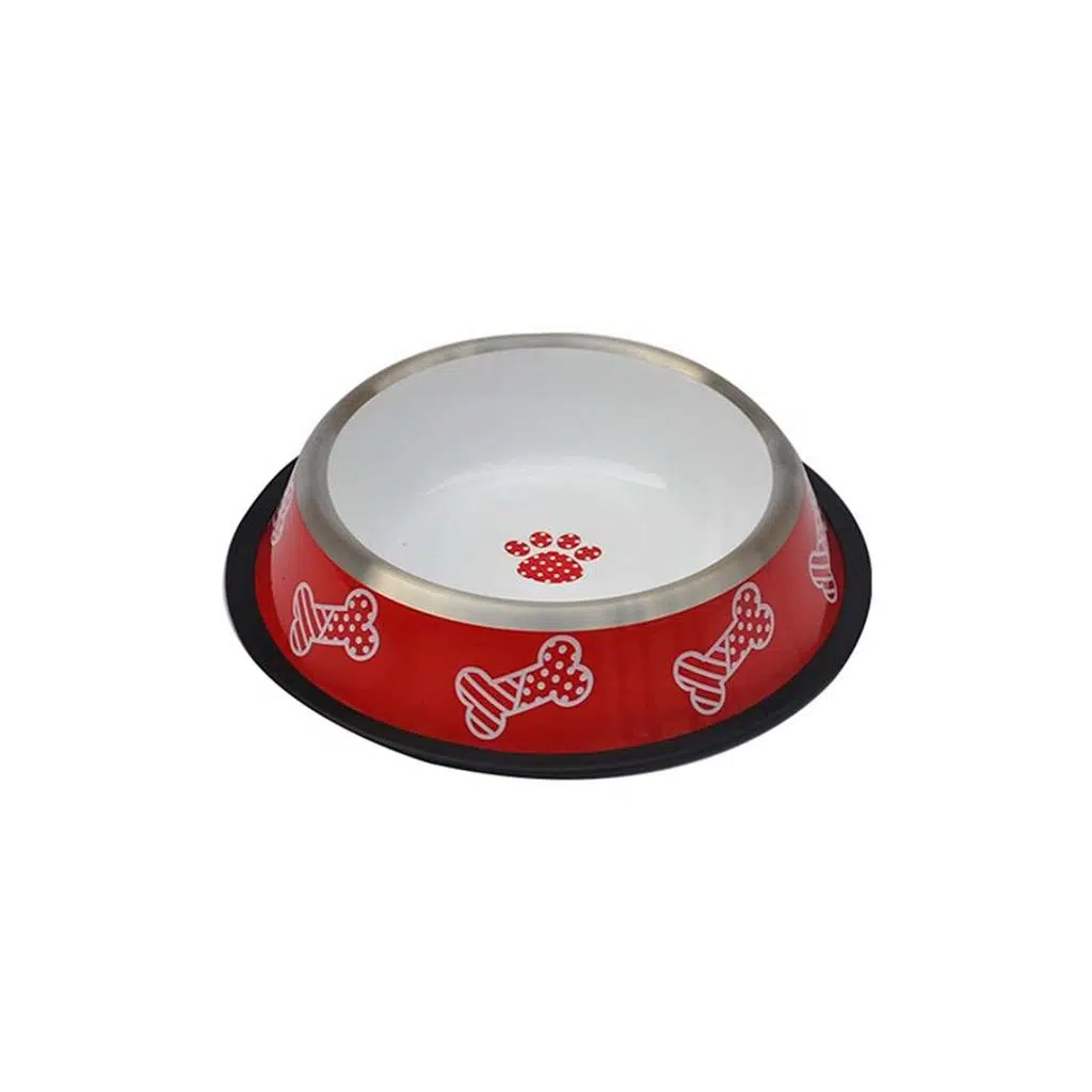 Zampa 24 OZ Kaymaz Tabanlı Kırmızı/Beyaz Çelik Mama/Su Kabı